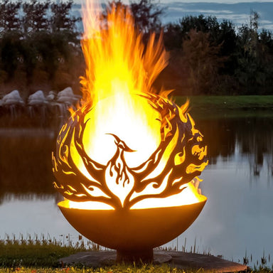 Corten Phoenix Sphere Fire Pit Bowl with fire