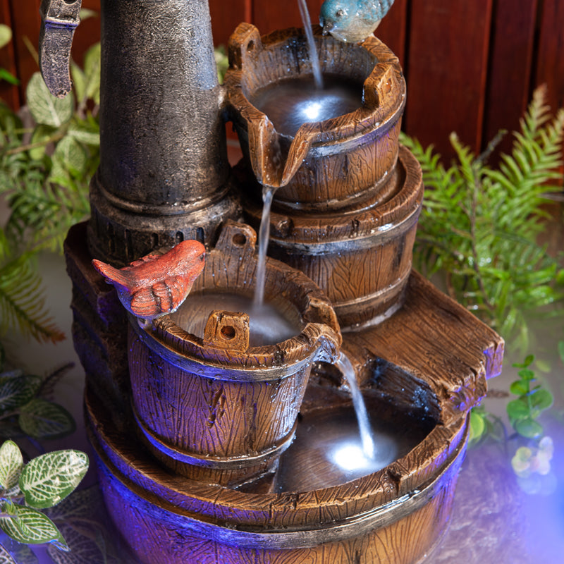 Barrel Birds Hand Pump Water Feature Fountain close view