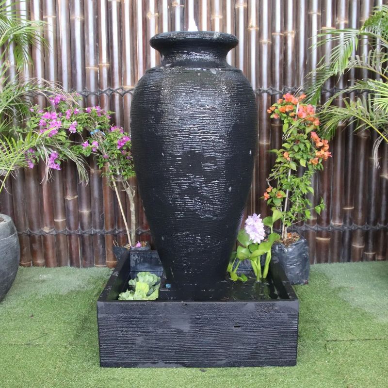 Charcoal Amphora Urn Balinese Style Fountain Front View with flowers