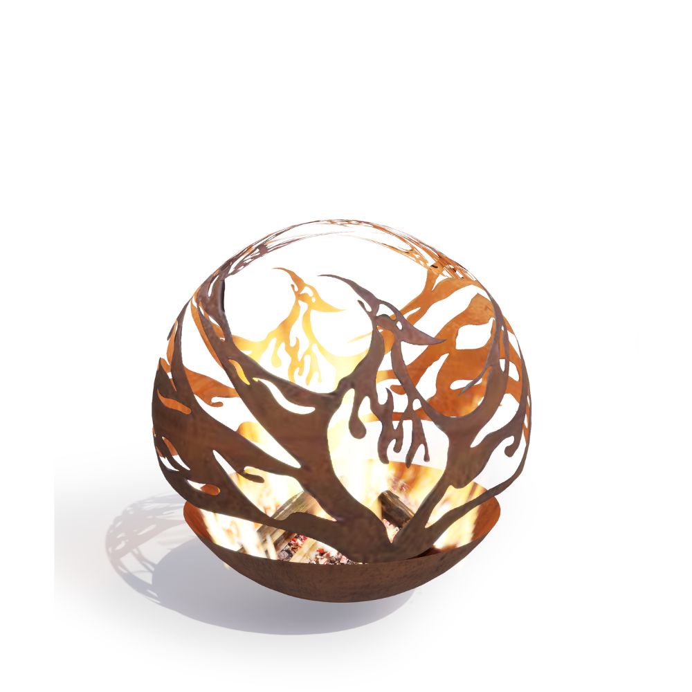 Corten Phoenix Sphere Fire Pit Bowl with white background