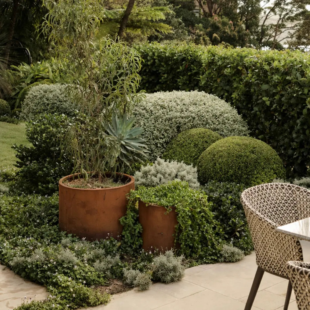 Corten Steel Arcadia Classic Plant Pot in the garden