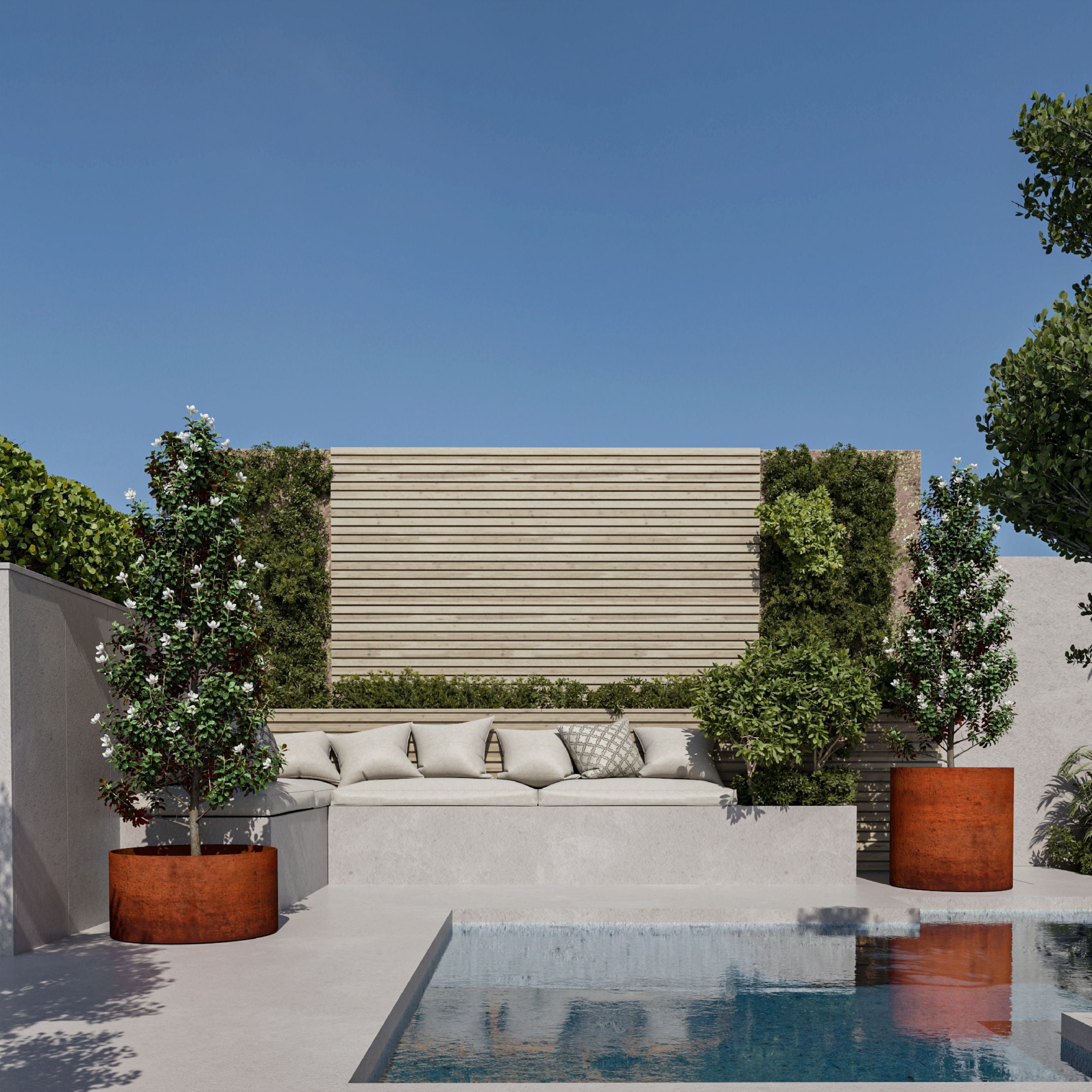 Corten Steel Arcadia Classic Plant Pot on pool side