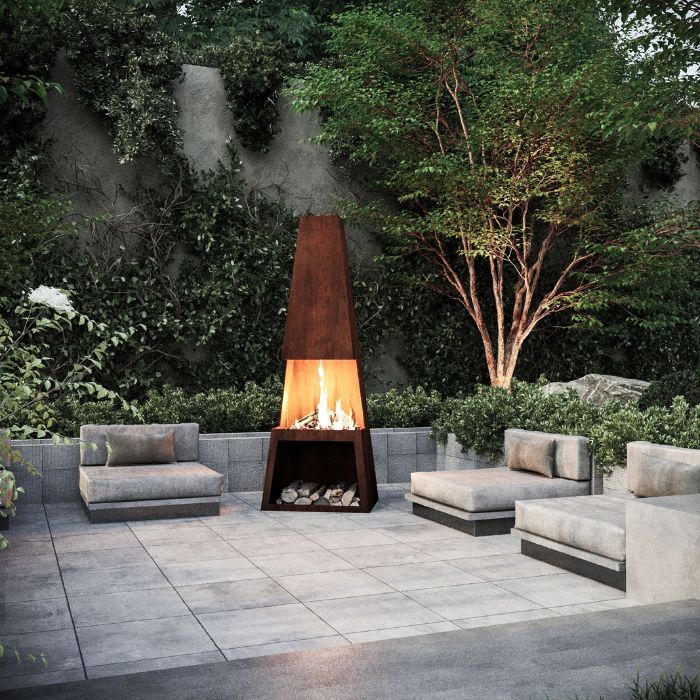 Corten Steel Fire Pit – The Bastion in the patio area