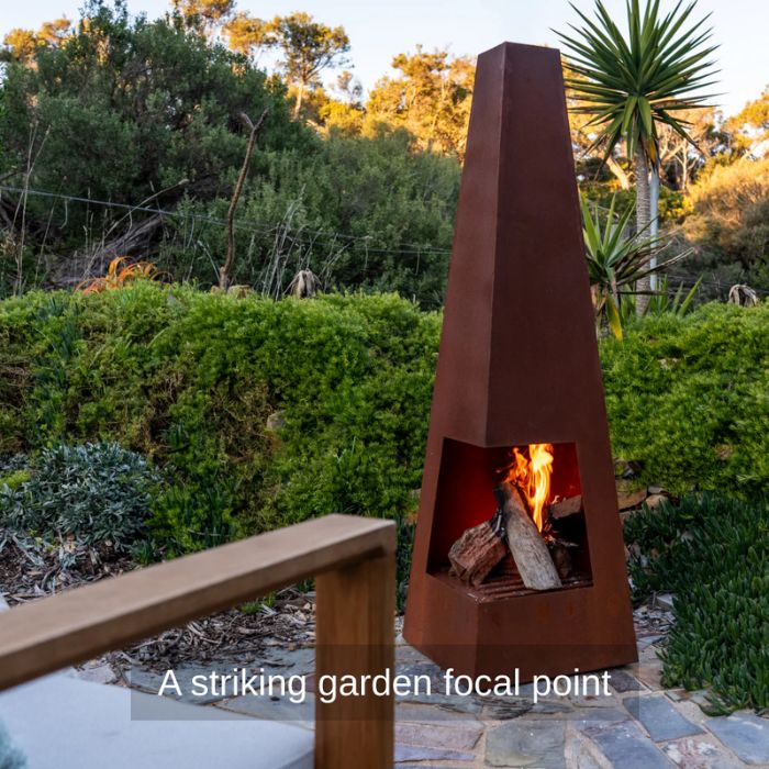 Corten Steel Fire Pit – The Obelisk with fire