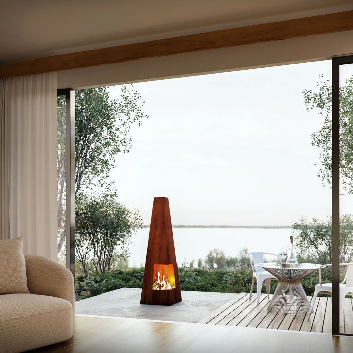 Corten Steel Fire Pit – The Obelisk with water view