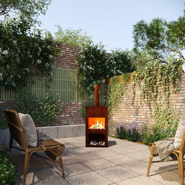Corten Steel Fire Pit – The Spire in the patio