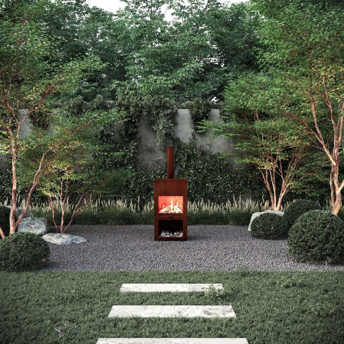 Corten Steel Fire Pit – The Spire sits on the patio area