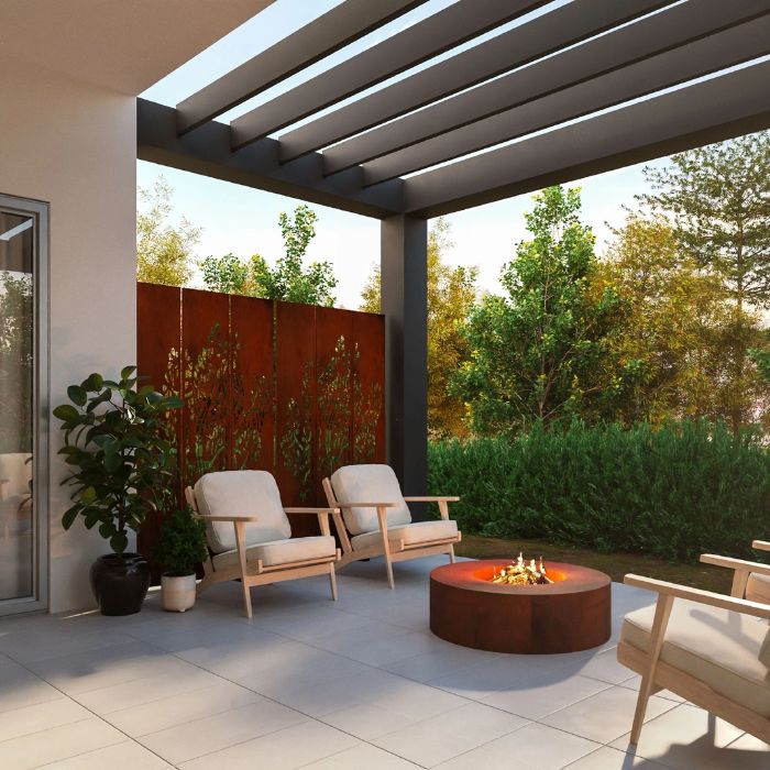 Corten Steel Fire Pit – The Vault and patio area