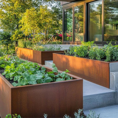 Corten Steel Grande Harvest Garden Bed in the patio area