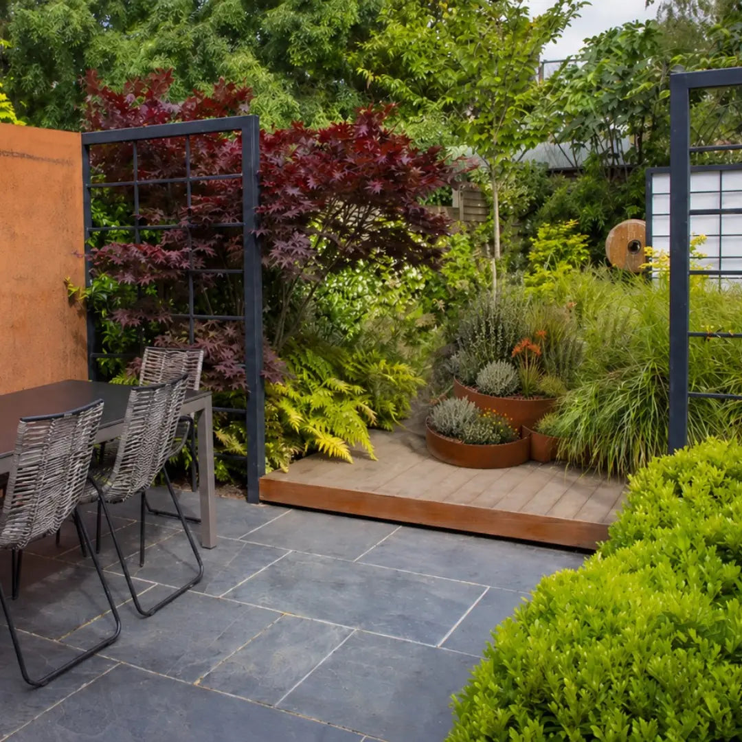 Corten Steel Grove Planter and patio area