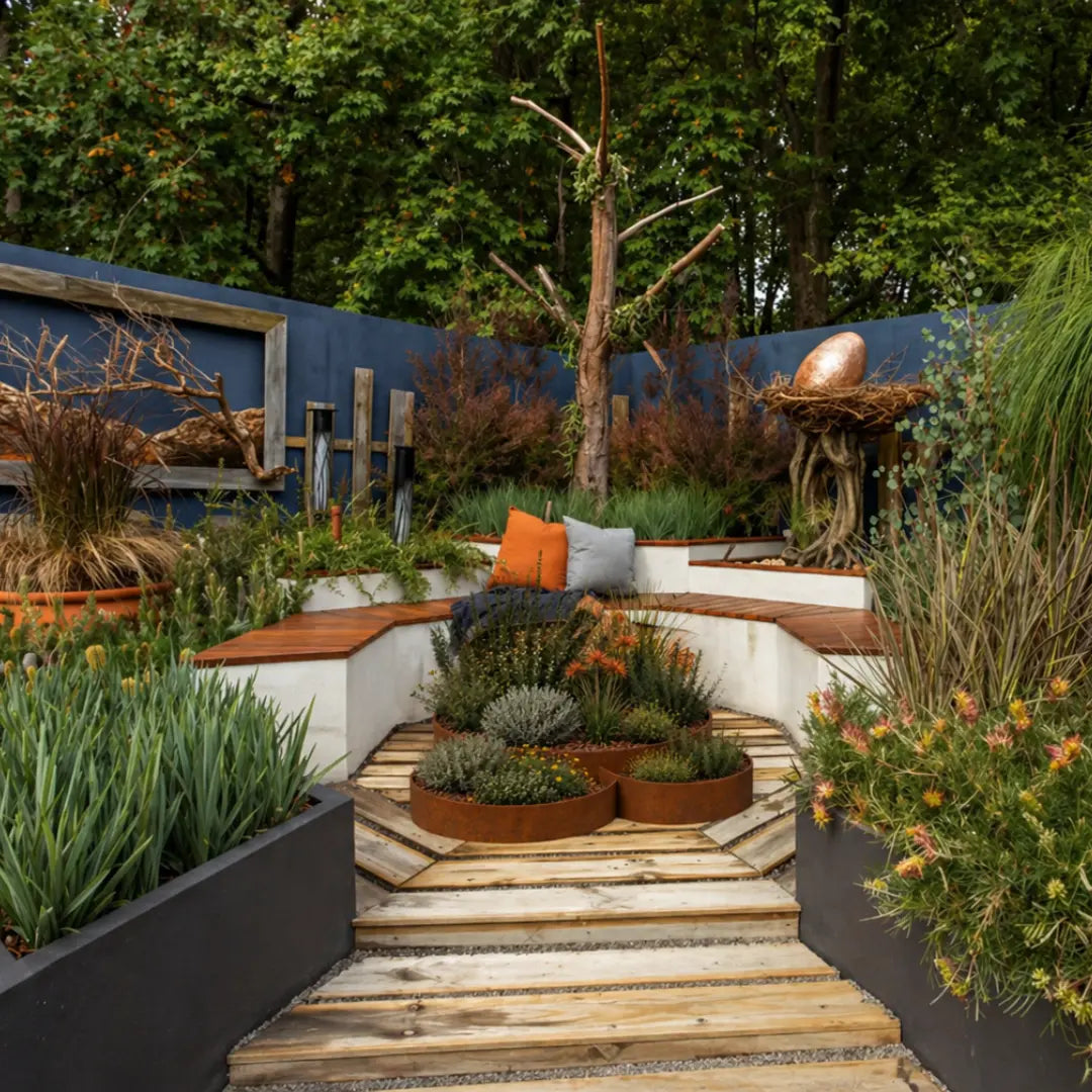 Corten Steel Grove Planter in the backyard