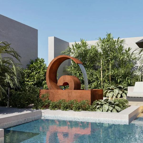 Corten Steel Poseidon Water Fountain in the pool side
