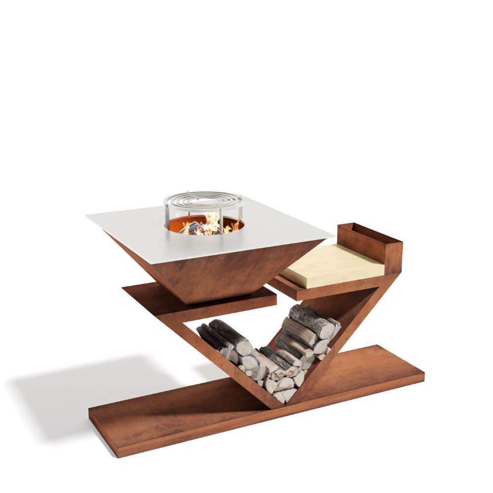 FireForge V-Frame Corten Steel BBQ Station and wood