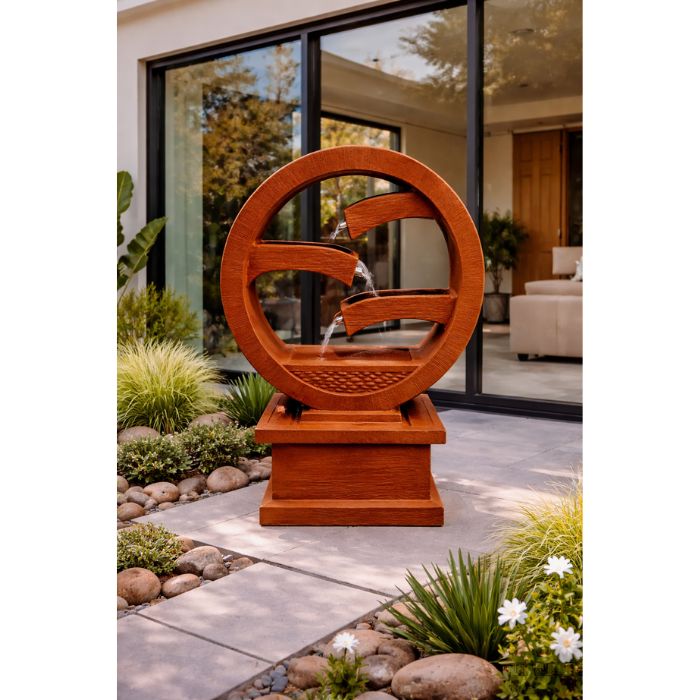 Harmony Fountain rust colour and modern house