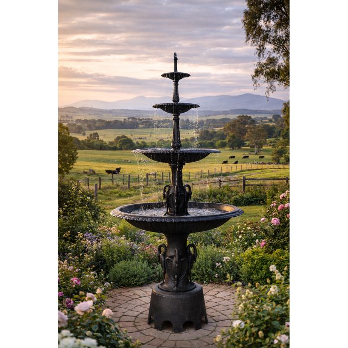 Heron Cast Iron 3 Tier Fountain in the mountain background