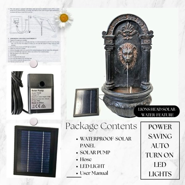 lion head solar fountain with solar panel