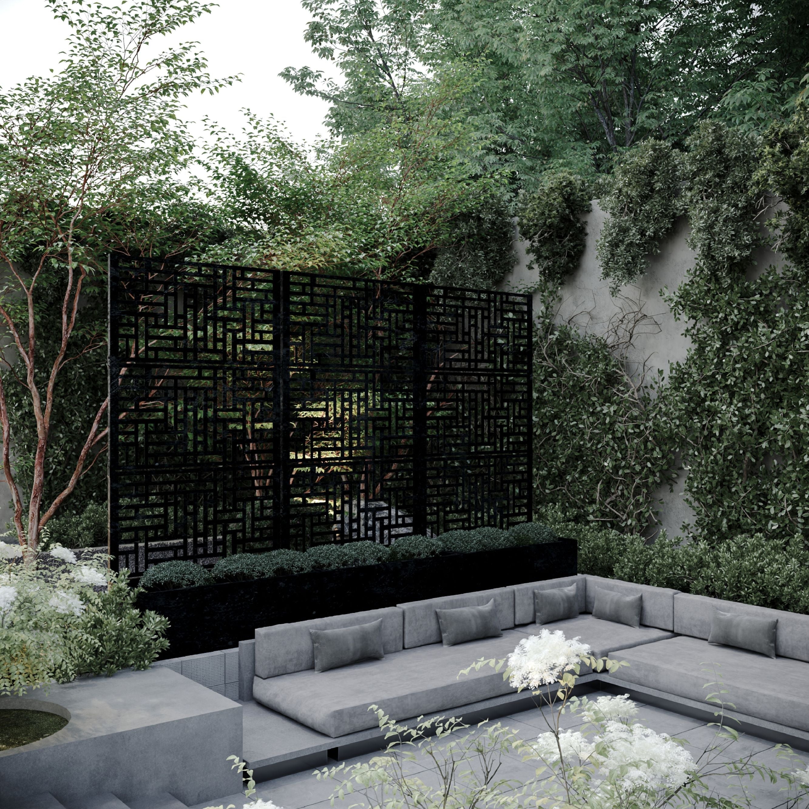 Metropolis Garden Screen Planter with outdoor sofa