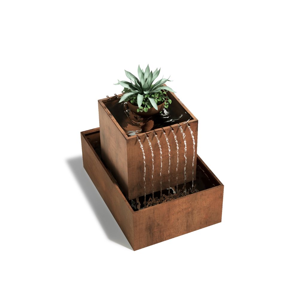 Rustic Corten Steel AquaZen Water Feature with plant on the top