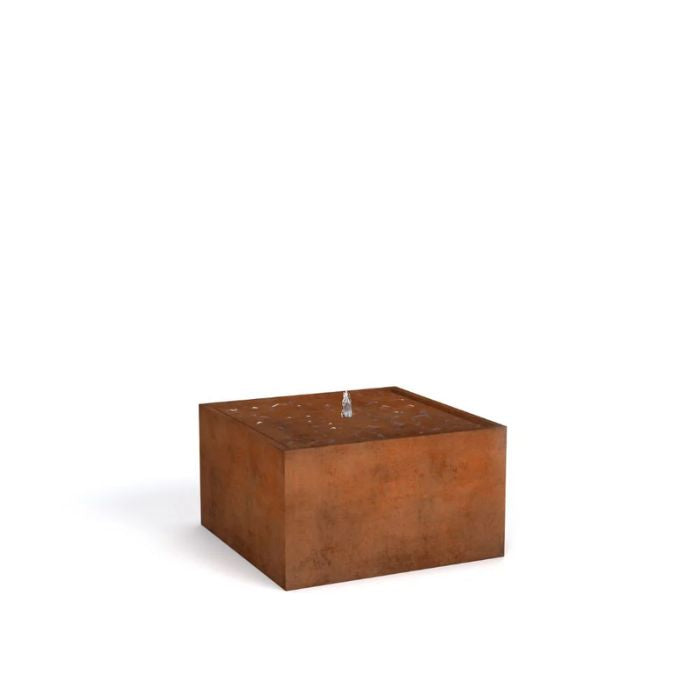 Rustic Corten Steel Cube Water Feature in the white background