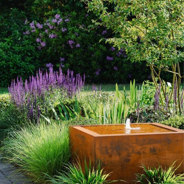 Rustic Corten Steel Cube Water Feature with flowers