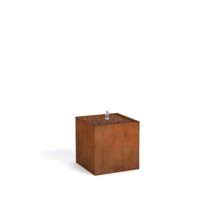 Rustic Corten Steel Cube Water Feature with white background