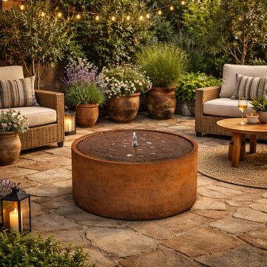 Rustic Corten Steel Round Water Feature in the patio area
