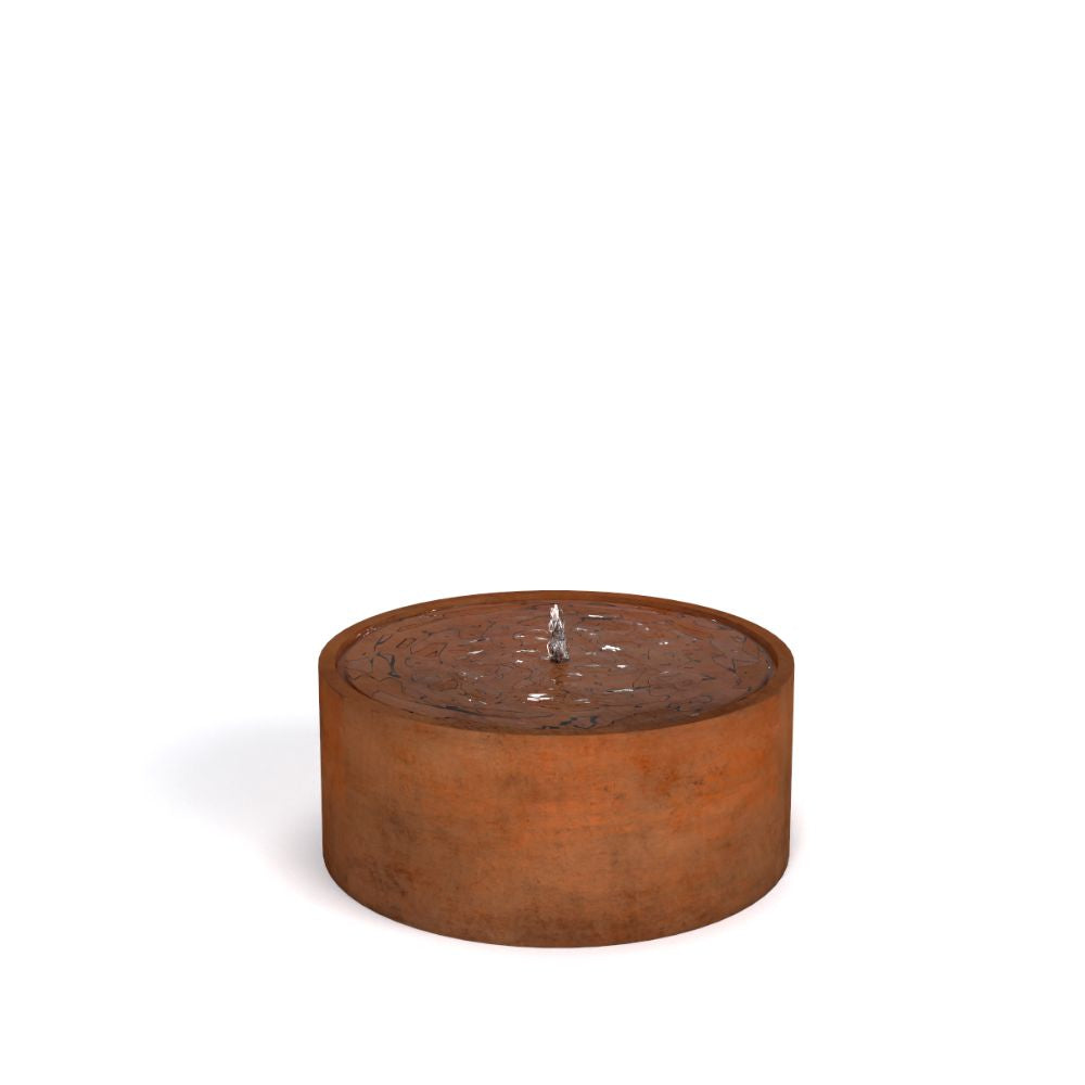 Rustic Corten Sttel Round Water Feature with white background