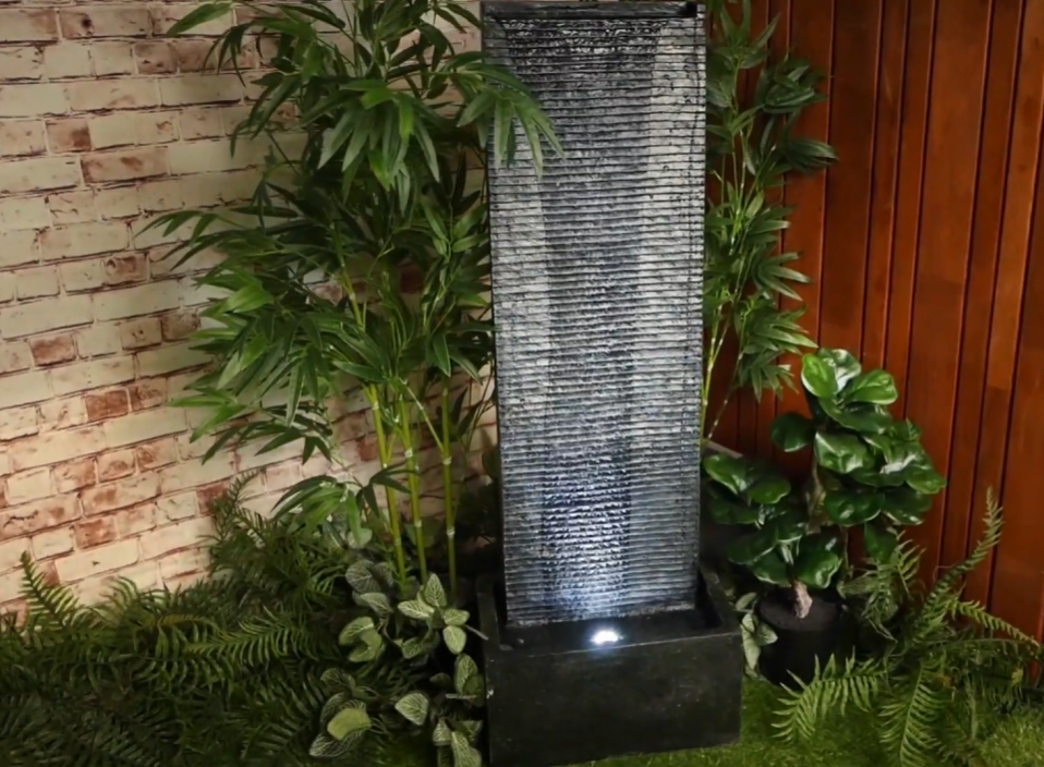 Slate Trickle Wall Water Feature Fountain with plants View
