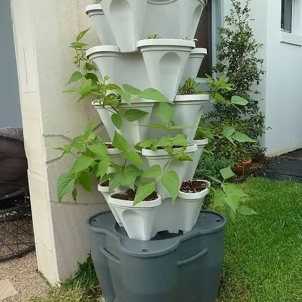 Smart Farm Tower Garden stands near the wall