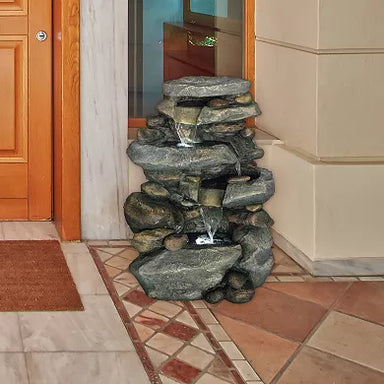 Stacked River Stones 3-Tiers Water Feature Fountain Front Door