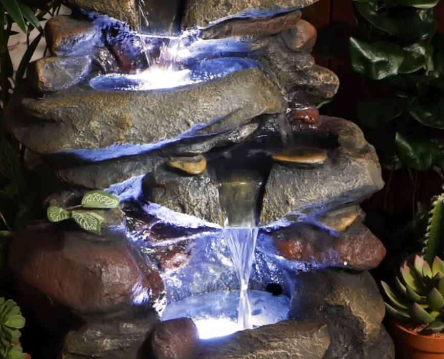 Stacked River Stones 3-Tiers Water Feature Fountain Closeup