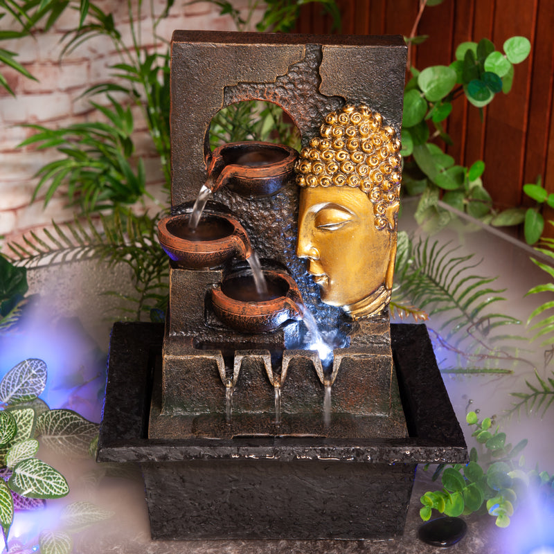 Terracotta Buddha 3 Bowls Water Feature Fountain Front View