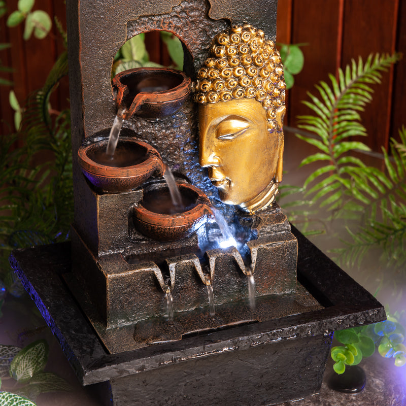 Terracotta Buddha 3 Bowls Water Feature Fountain Slight Left View