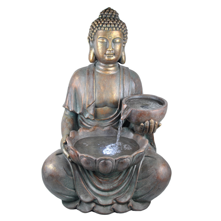 Tranquil sitting Buddha with bowl water feature fountain Main View