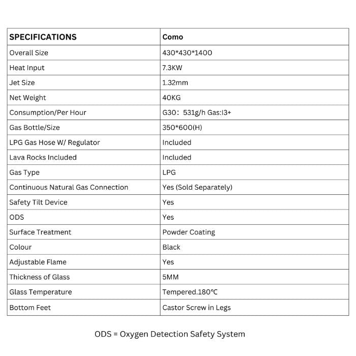 como fire pit specification