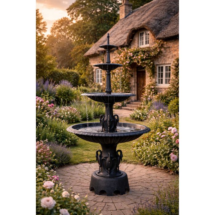 cottage background with Heron Cast Iron 3 Tier Fountain