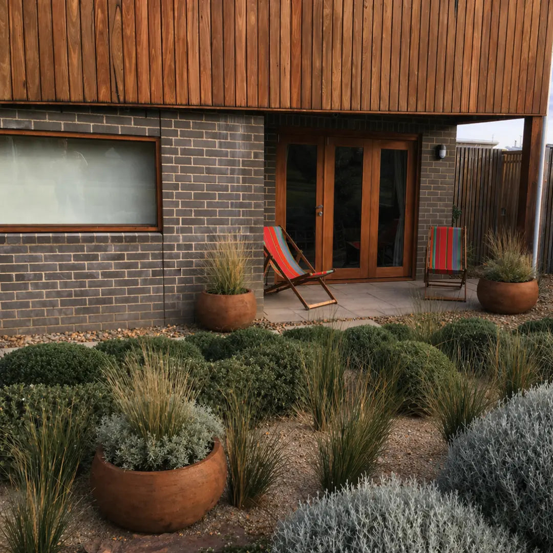 front patio and Corten Steel Botanic Bulbs Tree Planters