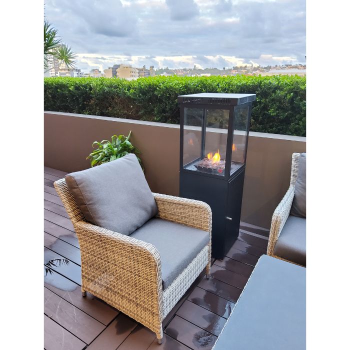 gas fire heater and two chairs