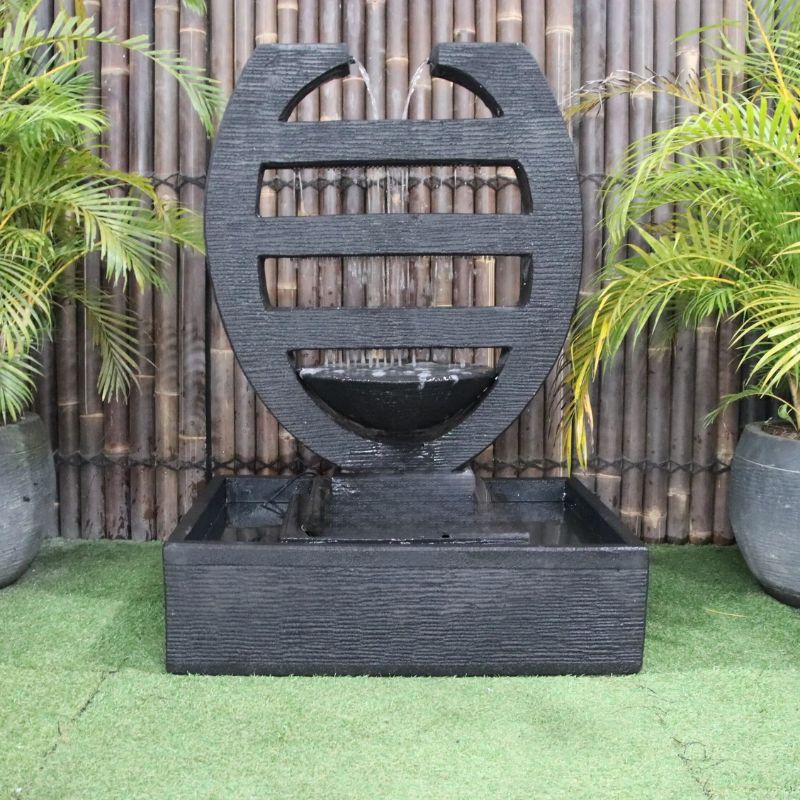 harp balinese style fountain charcoal front view with pots
