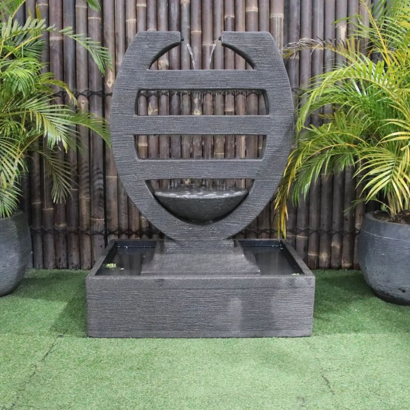 harp balinese style fountain grey front view with pots