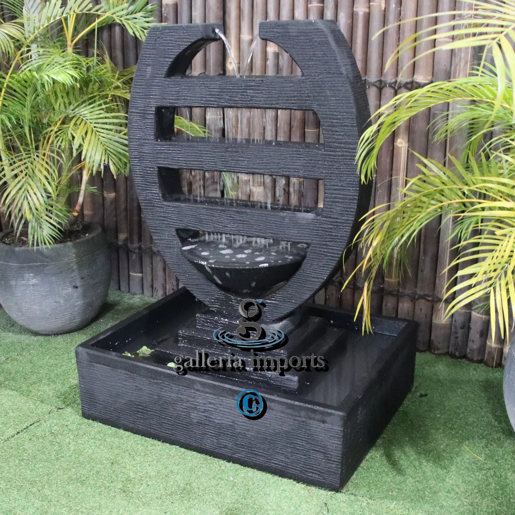 harp balinese style water fountain right angle view