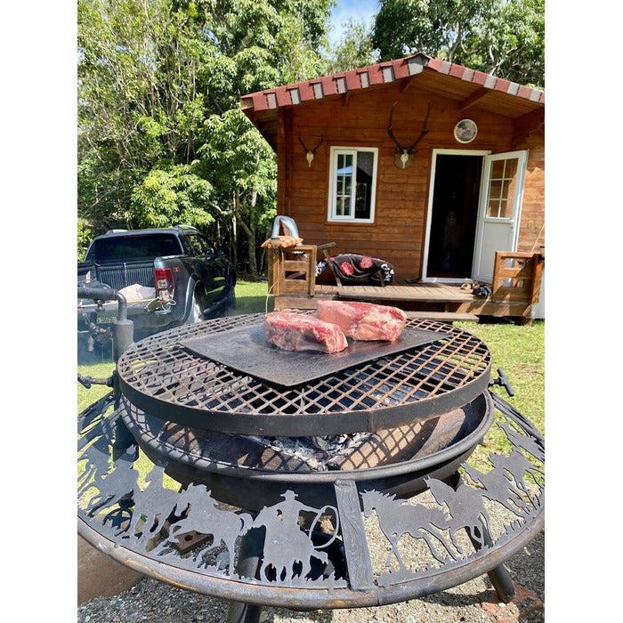 meat sits on the fire pit plate