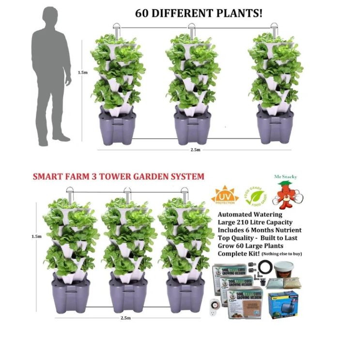 showing dimension of the 3 tower smart farm garden