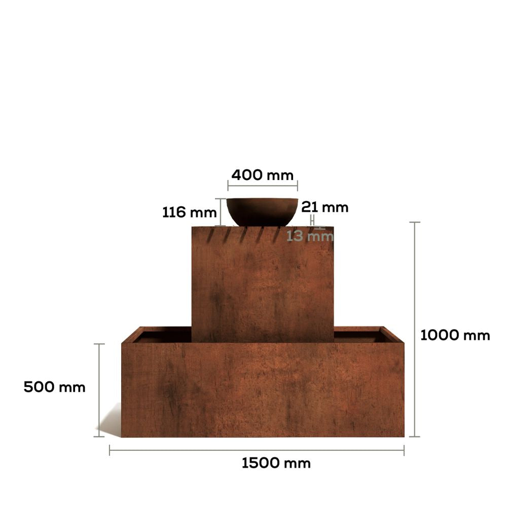 showing dimensions of Rustic Corten Steel AquaZen Water Feature