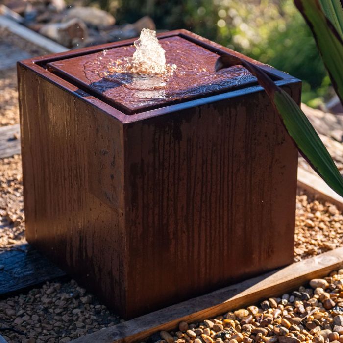 water flow of Rustic Corten Steel Cube Water Feature