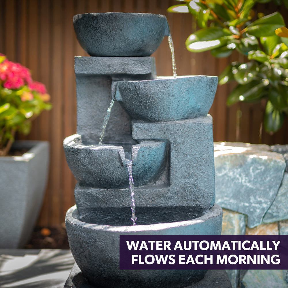 Solar Charcol 4 Bowls Water Feature on the rock