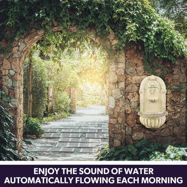 PROTEGE Solar Fountain Water Feature Pump Outdoor Wall Mount Classic with LED Lights on stone wall