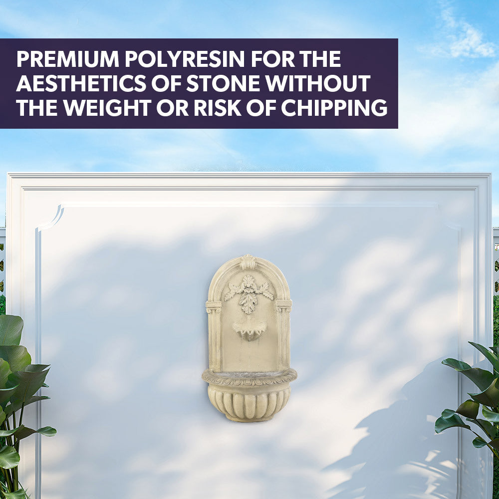 PROTEGE Solar Fountain Water Feature Pump Outdoor Wall Mount Classic with LED Lights on whitewall