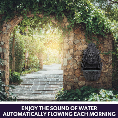 PROTEGE Lion Head Solar Powered Water Feature Fountain on stonewall